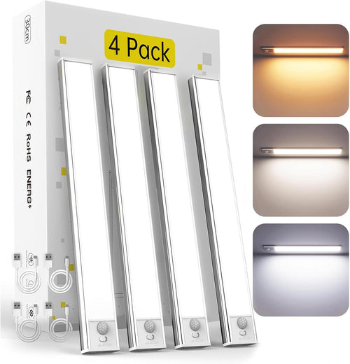 Under Cabinet Lighting Wireless, 4 Pack under Cabinet Lights Rechargeable, Motion Sensor Light Indoor, 3 Color Temps, 5 Levels Dimmable Magnetic Closet Lights, under Counter Lights for Kitchen, Stairs