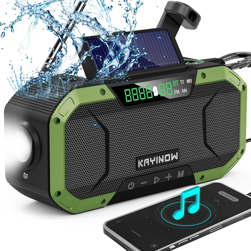Hand Crank Solar Power Emergency Radio with Waterproof Bluetooth Speaker,Portable AM FM NOAA Weather Radio,5000Mah/18500Mwh Rechargeable, Phone Charger,Flashlight,Sos,Survival Storm Camping