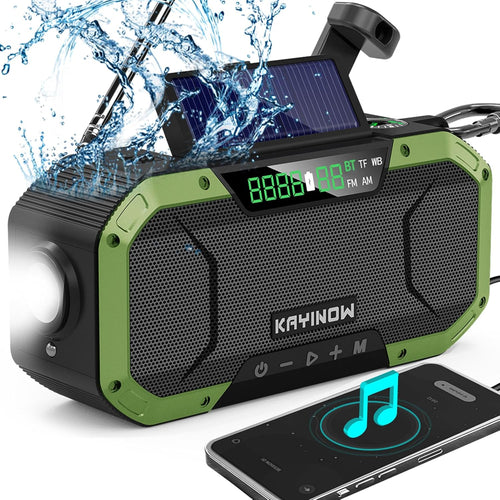 Hand Crank Solar Power Emergency Radio with Waterproof Bluetooth Speaker,Portable AM FM NOAA Weather Radio,5000Mah/18500Mwh Rechargeable, Phone Charger,Flashlight,Sos,Survival Storm Camping