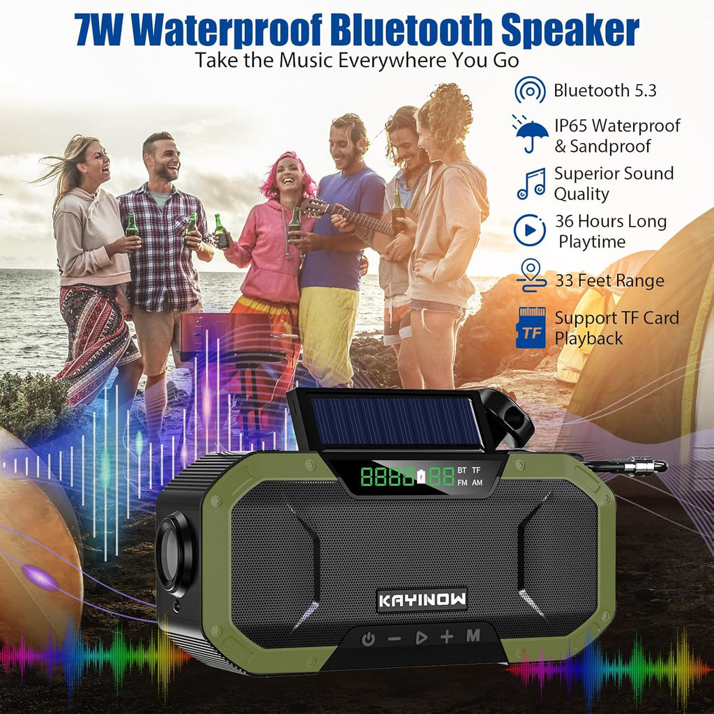 Hand Crank Solar Power Emergency Radio with Waterproof Bluetooth Speaker,Portable AM FM NOAA Weather Radio,5000Mah/18500Mwh Rechargeable, Phone Charger,Flashlight,Sos,Survival Storm Camping