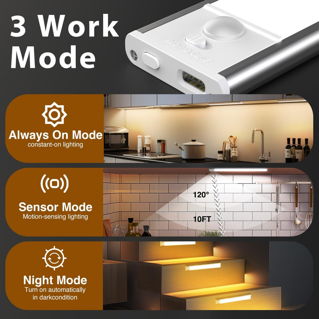 Under Cabinet Lighting Wireless, 4 Pack under Cabinet Lights Rechargeable, Motion Sensor Light Indoor, 3 Color Temps, 5 Levels Dimmable Magnetic Closet Lights, under Counter Lights for Kitchen, Stairs