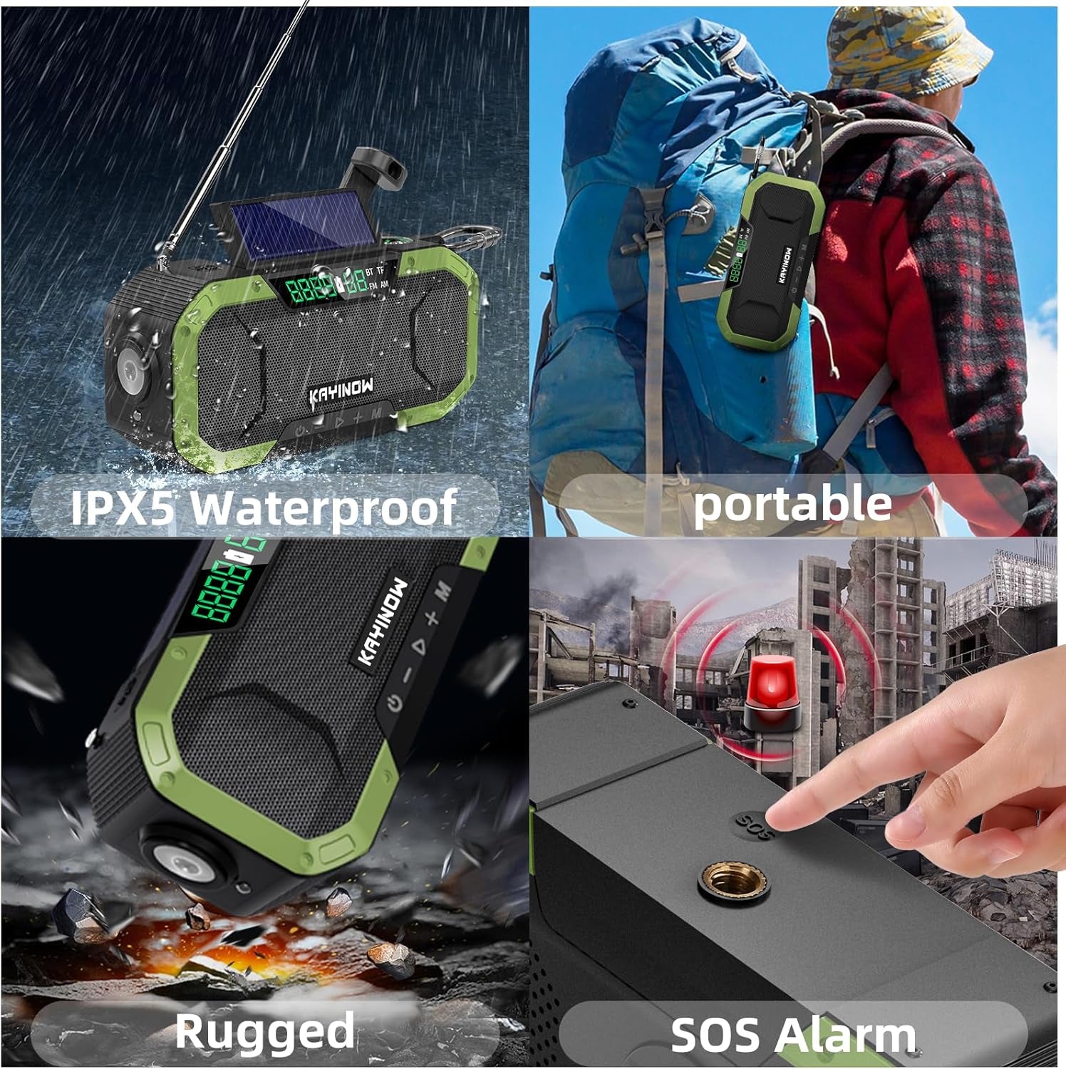 Hand Crank Solar Power Emergency Radio with Waterproof Bluetooth Speaker,Portable AM FM NOAA Weather Radio,5000Mah/18500Mwh Rechargeable, Phone Charger,Flashlight,Sos,Survival Storm Camping
