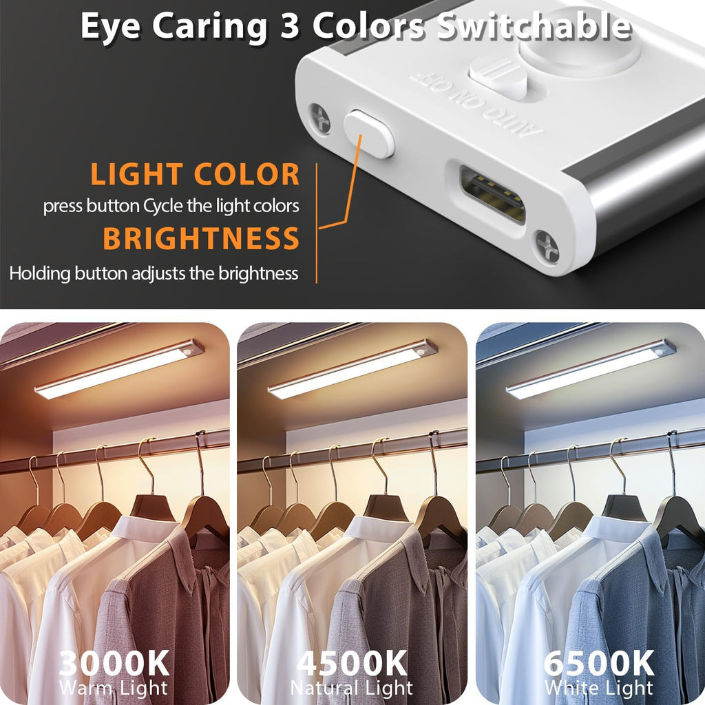 Under Cabinet Lighting Wireless, 4 Pack under Cabinet Lights Rechargeable, Motion Sensor Light Indoor, 3 Color Temps, 5 Levels Dimmable Magnetic Closet Lights, under Counter Lights for Kitchen, Stairs