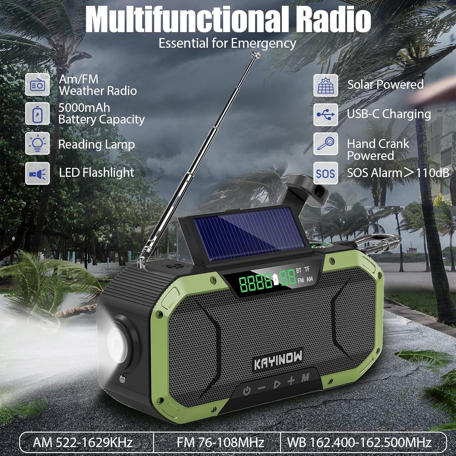 Hand Crank Solar Power Emergency Radio with Waterproof Bluetooth Speaker,Portable AM FM NOAA Weather Radio,5000Mah/18500Mwh Rechargeable, Phone Charger,Flashlight,Sos,Survival Storm Camping